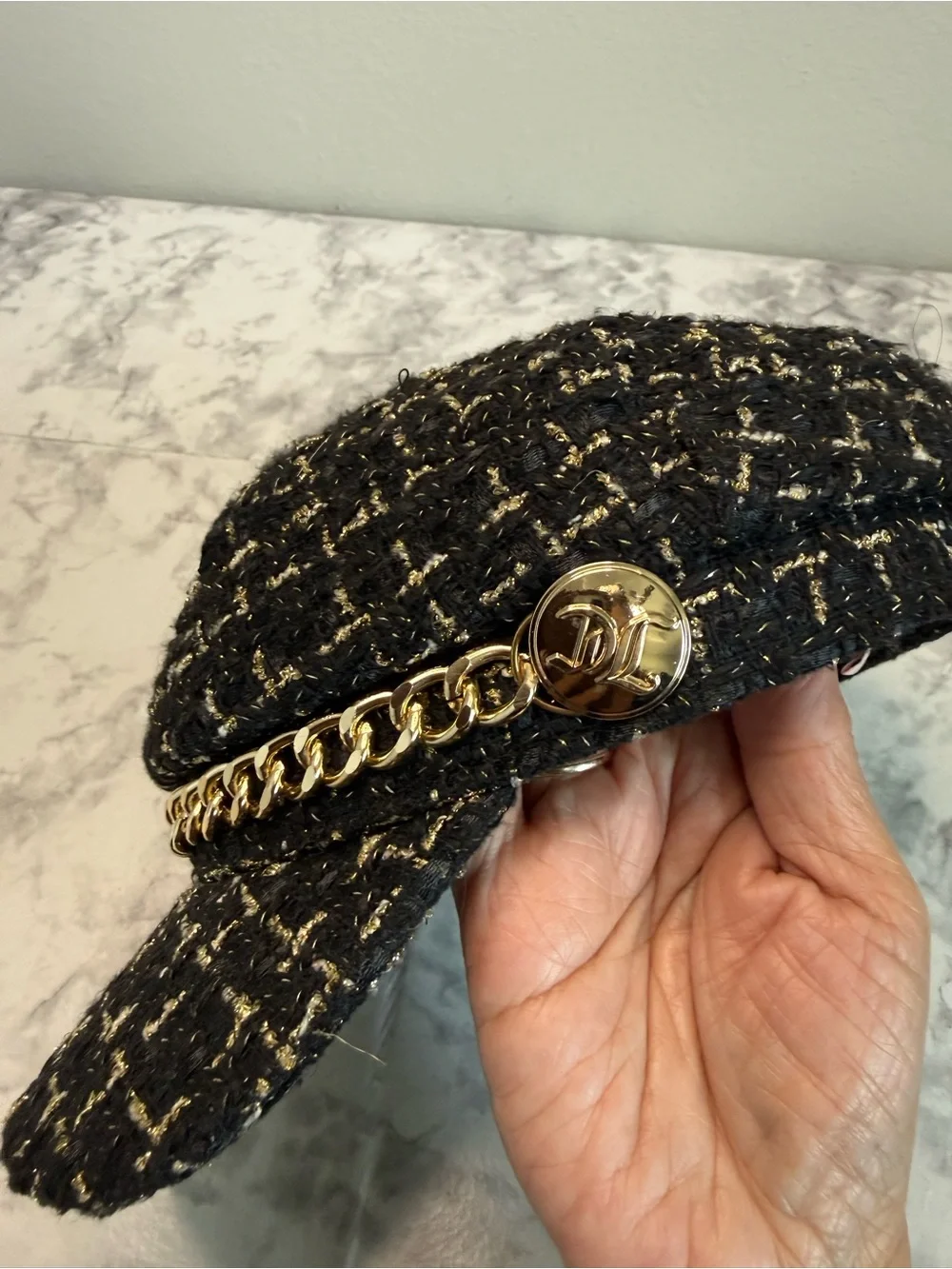 Vintage Y2K Juicy Couture Black Tweed Newsboy Cap with Gold Chain Accent